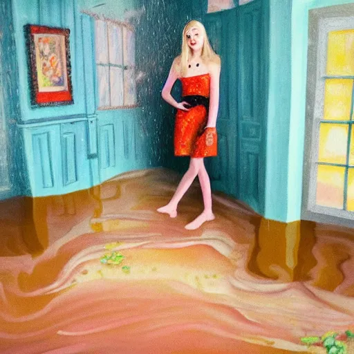 Prompt: painting of Elle Fanning in a flooded house interior, Kitsch style