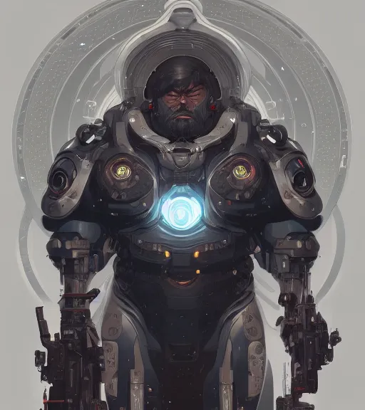 Prompt: symmetry ( badass ) fat cyborg man with ultra detailed, intricate, anime, dynamic lighting, digital art, digital painting, art station, wlop, sharp focus, illustration, art by artgerm and greg rutkowski and alphonse mucha