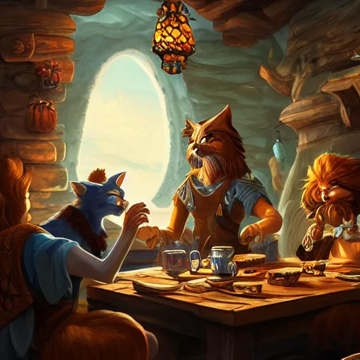 Image similar to cool cat people talking inside a tavern, fantasy art, cozy, dnd, digital art, 4 k