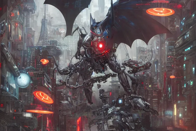 Image similar to hyperrealistic photography of a machine entering cyber Batman monster as a host in the style of Jin Kagetsu, James Jean and wlop, highly detailed, sharp focus, rich deep colors, intricate concept art, digital painting, ambient lighting, 4k, artstation