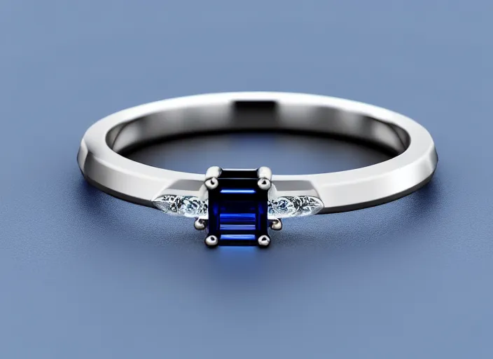 Prompt: futuristic!! wedding ring, sapphire, ( design by porsche!!!!! ), xf iq 4, 1 5 0 mp, 5 0 mm, f / 1. 4, iso 2 0 0, 1 / 1 6 0 s, natural light, octane render, macro shot, symmetrical balance, polarizing filter, sense of depth, ai enhanced