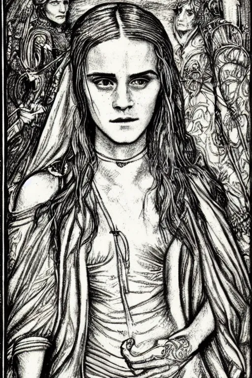 Prompt: realistic medieval etching of emma watson, high detail, elaborate composition, quality draughtmanship, detailed faces. by austin osman spare, occult art, alchemical diagram