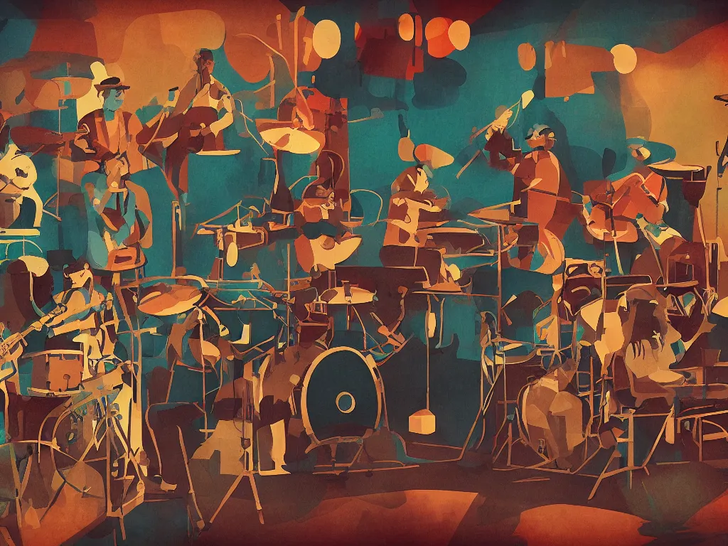 Prompt: the band played all night long, retro - vintage, mixed media with claymorphism, spatialism, matte color palette, designed by artstationhq, retro, 3 d shading, low fi,