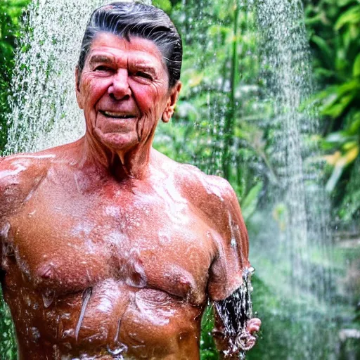 Image similar to 4 k hdr full body wide angle portrait of ronald reagan showering in a tropical bali jungle shower with moody overcast stormy lighting