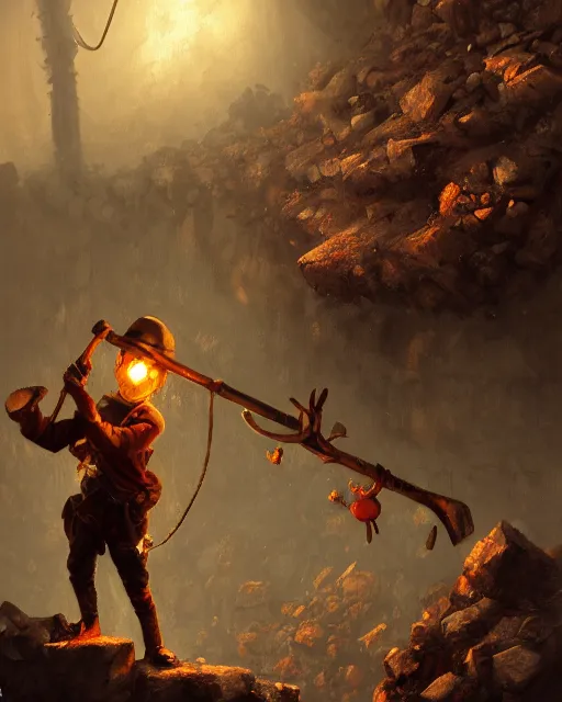 Image similar to oil painting of poor anthropomorphized mouse miner mining gold, pickaxe, close shot, full body, dark steampunk mine shaft background, sharp focus, fantasy style, octane render, volumetric lighting, 8k high definition, by greg rutkowski, highly detailed, trending on art Station, dungeons and dragons artwork, centered