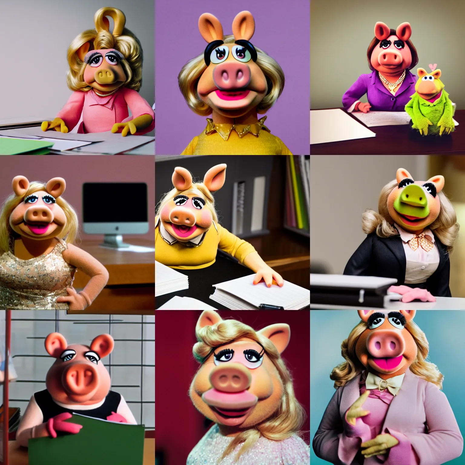 Prompt: portrait of miss piggy from the muppet show working in an office
