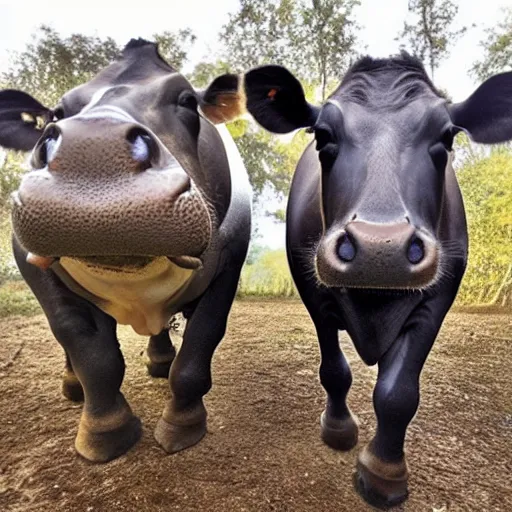 Image similar to selfie stick photo of a cow and its hippopotamus best friend. photograph. nature photography. high quality.