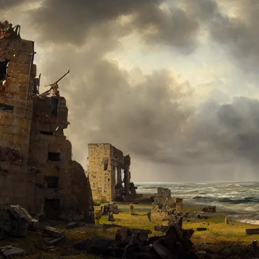 Prompt: Panorama view of ruined pieces from an ancient castle being lifted into the sky by a hurricane, flying island, oil painting, by Greg Rutkowski