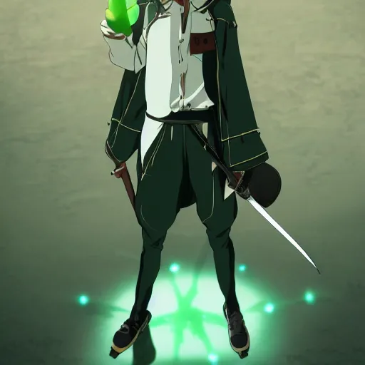 Image similar to fencer, anime style, green hair, dark, makoto shinkai, animated, animation, detailed, illustration, moody