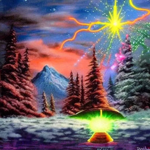 Image similar to Bob Ross Scenery with Robot Alien Snowmen Shooting Laser Beams at Things in the sky. Epic Amazing Insanity. Salvia Droid Joker .