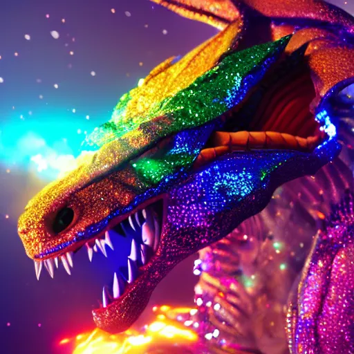 Prompt: a dragon made of light and colorful sparkles, octane render, cinematic, hyperrealistic, 8k, trending on artstation