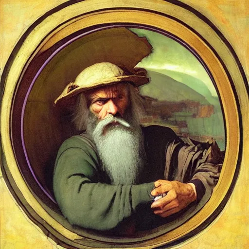 Image similar to Portrait Portrait of Diogenes the Cynic donning hobo costume whilst resting in an enormous wine cask theodore gericault donato giancola john william waterhouse maxfield parrish mikhail vrubel arkhip kuindzhi astri lohne stained lacquer glaze