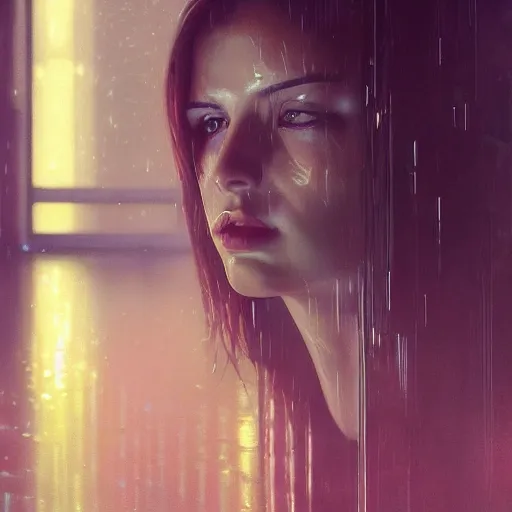 Image similar to detailed portrait of a woman, moment, cyberpunk cloisters, electronic billboards, tech noir, wet reflections, atmospheric, ambient, livia prima, greg rutkowski, edward hopper