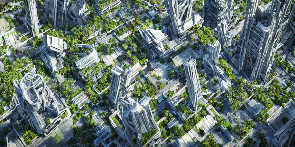 Prompt: Otherwordly futuristic city, impossible architecture, full of nature, trees, parks and gardens, many people walking about, narrow and winding cozy streets, tropic climate, atmosphere of peace and harmony. Utopia, fantastic perspective wide-angle view, photorealistic, hyperdetailed, intricate, very sharp focus, stunning volumetric lighting, shot at golden hour, OctaneRender, unreal engine, 3d render, rich vibrant detailed textures, 8k, trending on artstation, top post on /r/Futurism subreddit