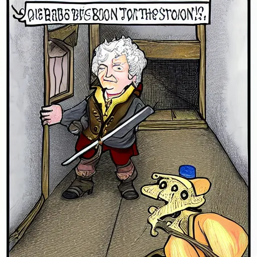 Image similar to Bilbo baggins sits in jail, rats are on the ground, there\'s a skeleton in one of the corners, crayons