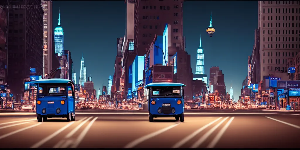 Image similar to an open frame blue tuk tuk going through a desolate manhattan city street at night, statue of liberty seen in the background, realistic 4 k octane beautifully detailed render, 4 k post - processing, highly detailed, detailed face, intricate complexity, epic composition, magical atmosphere, cinematic lighting, masterpiece, color picture, ultra hd