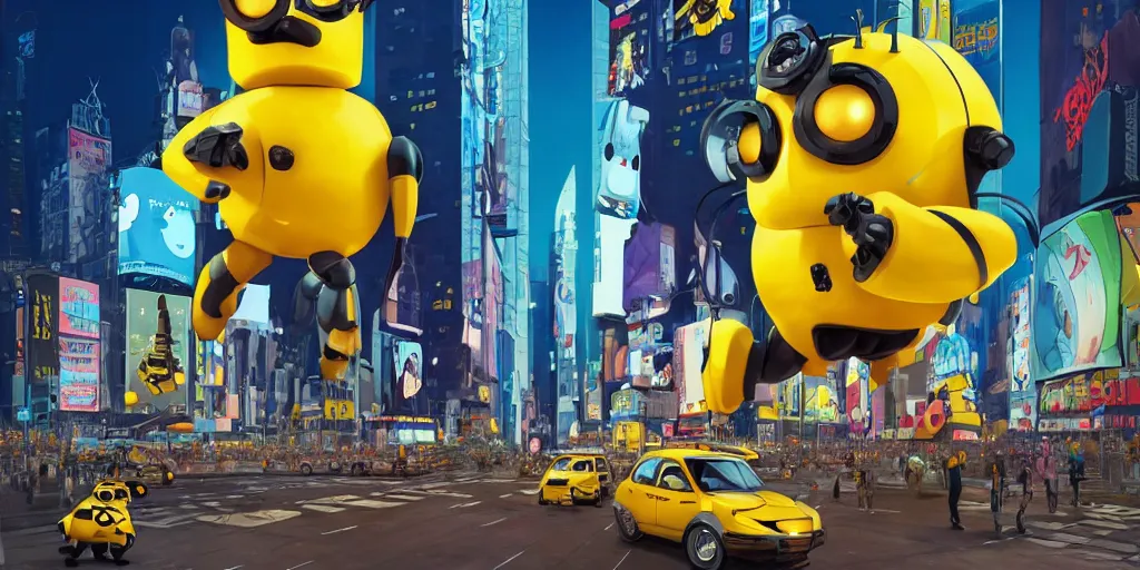 Prompt: cute cartoon bumblebee person in Times Square at night by Goro Fujita and Simon Stalenhag and Matt groening,8k, trending on artstation, hyper detailed, cinematic