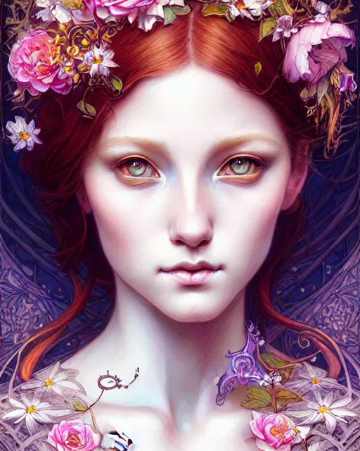 Image similar to Beautiful and playful ethereal ginger portrait, art nouveau, fantasy, intricate flower designs, elegant, highly detailed, sharp focus, art by Maximalism, Artgerm and Greg Rutkowski and WLOP