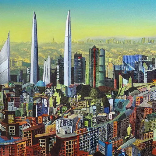 Image similar to futuristic santiago of chile skyline with life based on public transportation, oil on canvas by wes anderson and raoul ruiz and dave mckean