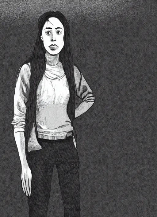 Prompt: full length photo of Oona Chaplin in the style of Jiro Taniguchi, full body, not realistic, sharp focus, 8k high definition, insanely detailed, intricate, elegant