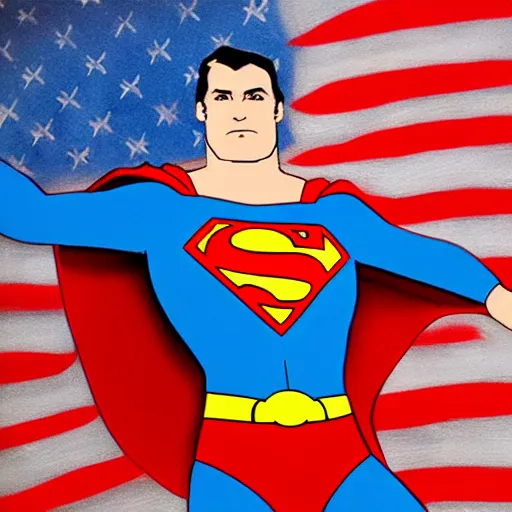 Image similar to hyper realistic portrait of superman with blonde two sides hair and thin face lines, his cape is the american flag