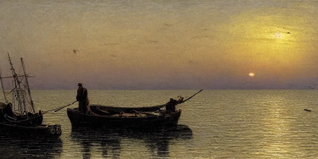 Prompt: rising sun ( ( ( fishing cormorant, fishing boat ) ) ) on the naples bay, by paul gustav fisher and moebius