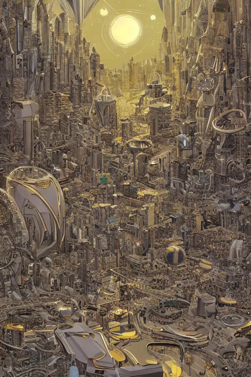 Image similar to gold and silver tones, cybernetic village on the outskirts of the universe, style of moebius, james jean, mcbess, cinematic, highly detailed, award winning, 8 k photorealistic