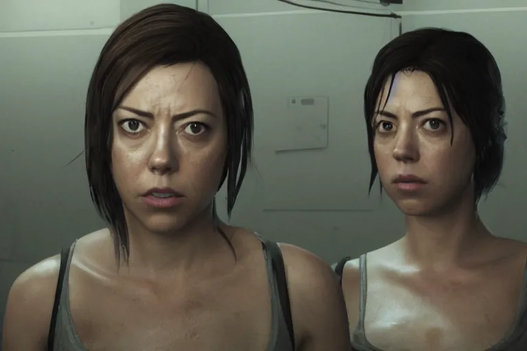 Prompt: a gaming screenshot portrait still of aubrey plaza in resident evil, moebius, greg rutkowski, zabrocki, karlkka, jayison devadas, phuoc quan, trending on artstation, 8 k, ultra wide angle, video game graphics, blue technology sci - fi atmosphere realistic, 3 d game, zenith view, cyberpunk pincushion lens effect