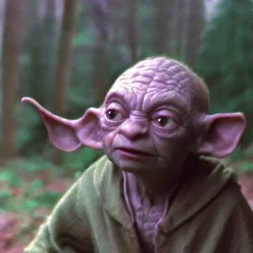 Image similar to A singular creature mix between Gollum and Yoda, center frame medium shot, shot on technicolor cinemascope 35mm anamorphic lense, flare, film grain, still from a 1980's movie