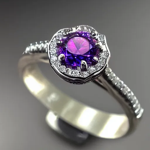 Prompt: a beautiful engagement ring, made out of shiny silver, the ring is covered in purple majestic fire, high quality, photo realistic, detailed, 8k