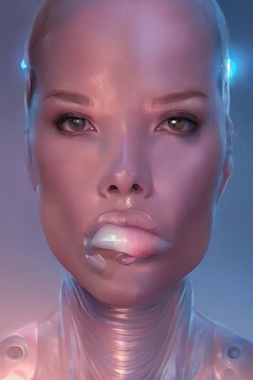 Prompt: attractive female i robot sticking out the tongue out sensually, close - up portrait, intricate, elegant, volumetric lighting, scenery, digital painting, highly detailed, artstation, sharp focus, illustration, concept art, luis rollo, ruan jia, steve mccurry, john berkey