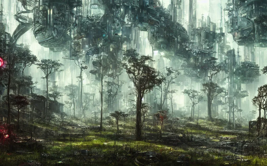 Image similar to a forest where gears and electronic parts grow on the trees tops, cyberpunk landscape wallpaper, d&d art, fantasy, painted, 4k, high detail, sharp focus