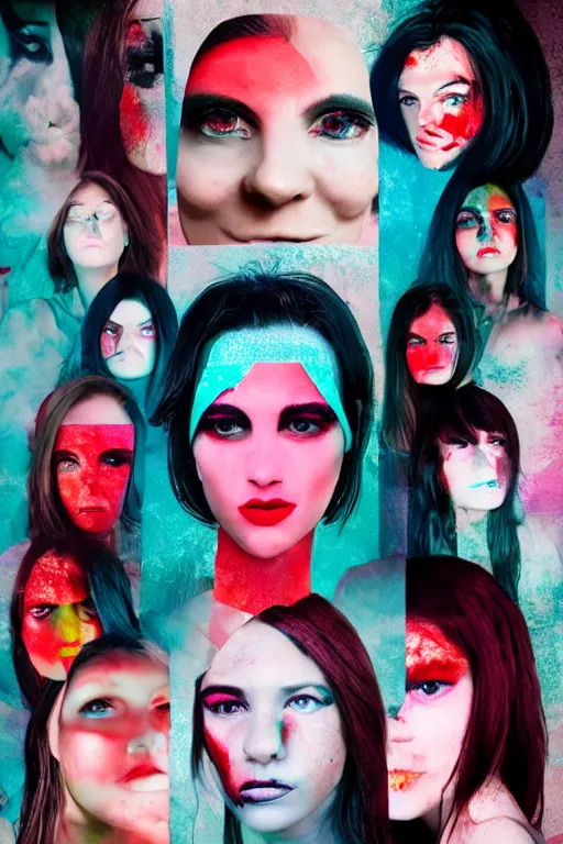 Prompt: glitched mix of endless female faces and red paint in style of neo-dada