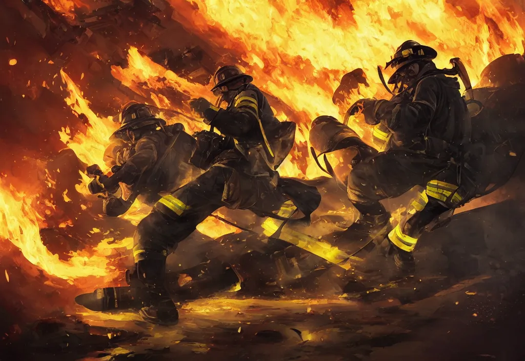 Image similar to heroic firefighter in action in black and yellow uniform, fire flames, sharp details, sharp focus, elegant, highly detailed, illustration, by jordan grimmer and greg rutkowski and pine ( ハイネ ) and 薯 子 imoko and 香 川 悠 作 and wlop and maya takamura, intricate