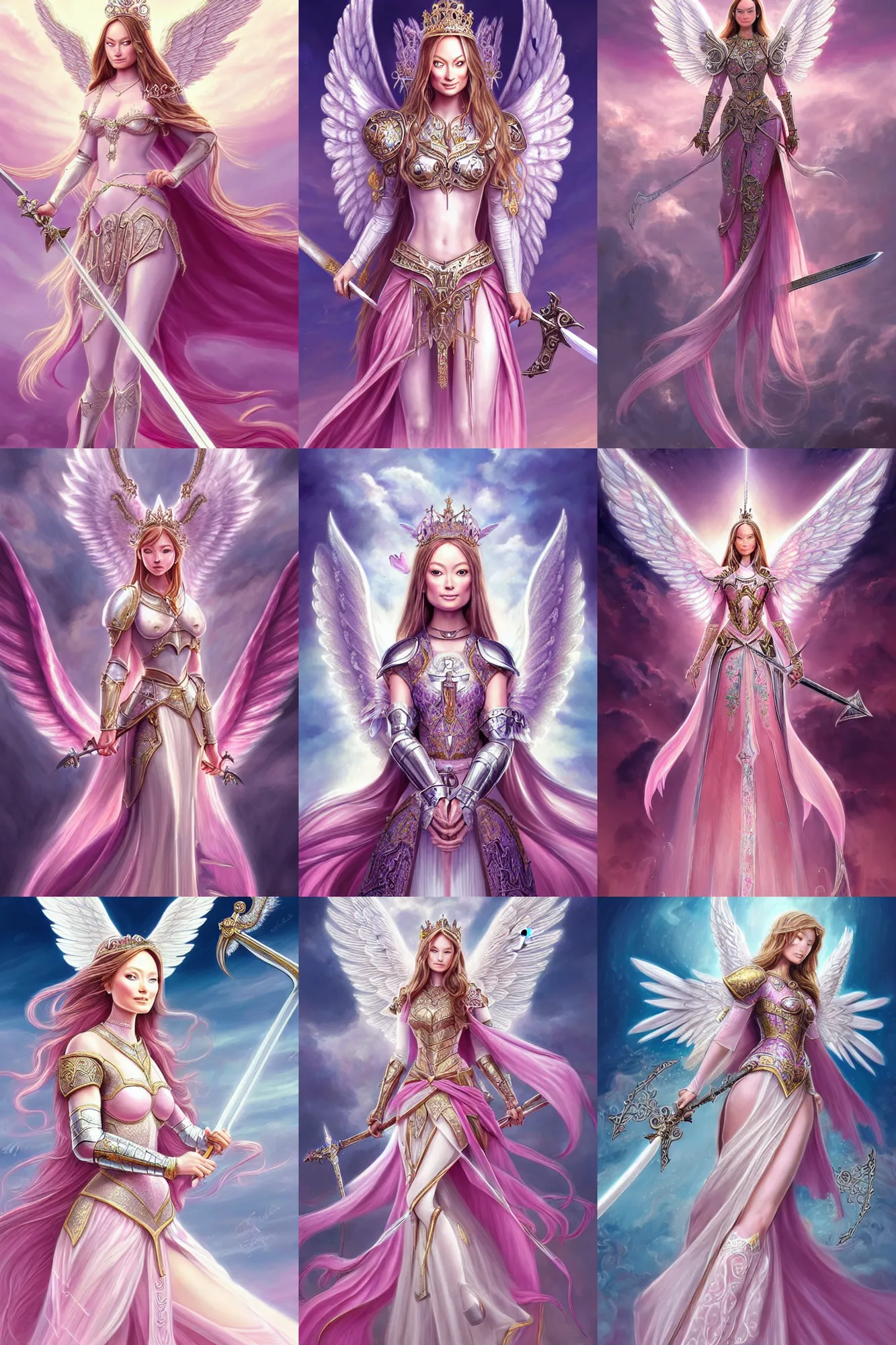 Prompt: gorgeous!! hyper - realistic princess resembling olivia wilde wearing ornate pink knight armor, angel wings, angemon l holding a long sword | divine, elegant, ethereal, heavenly, clouds, holy city | illustration, intricate, high detail, ultra graphics, daz | drawn by wlop, drawn by jeehyung lee, drawn by artgerm