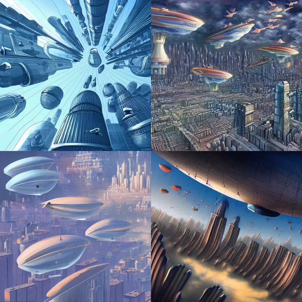 Prompt: blimps flying over a futuristic city, high fantasy, arstation