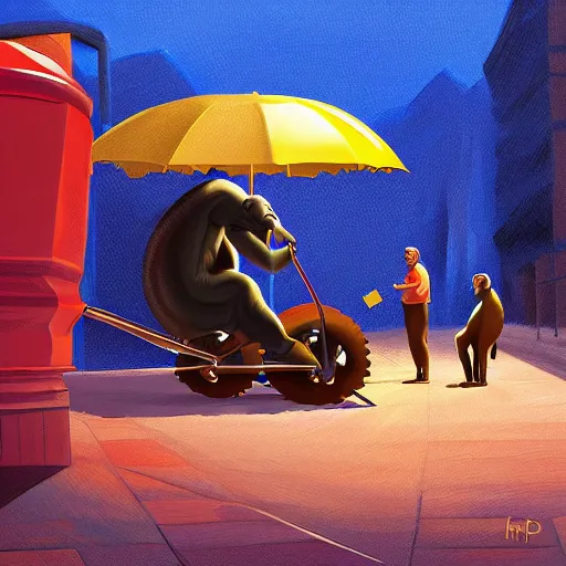 Image similar to a steamroller driving towards a chimpanzee picking up pennies in a street, dramatic lighting, highly detailed digital painting
