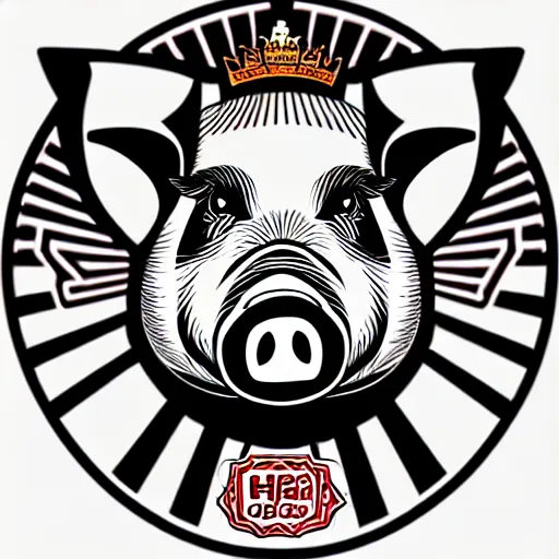 Image similar to good pig king logo Illustrated by Shepard Fairey, H.R. Geiger, YASUHIKO Yoshikazu, and lisa frank, ultra detailed pen sketch, hyper realistic, fine texture, shading, intricate detail, skin detail,