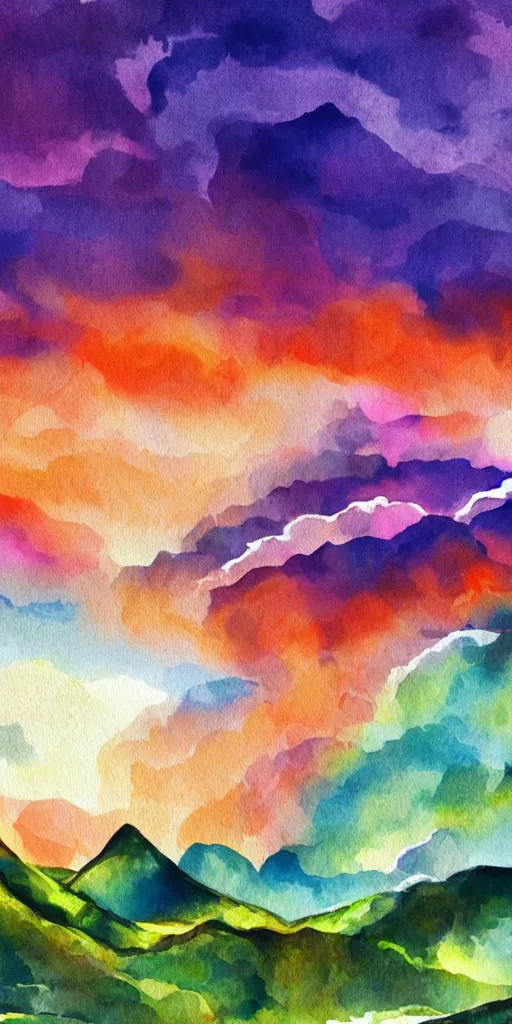 Image similar to high quality digital water color painting of idyllic vivid colorful orange purple red magical storm clouds above a mountain range