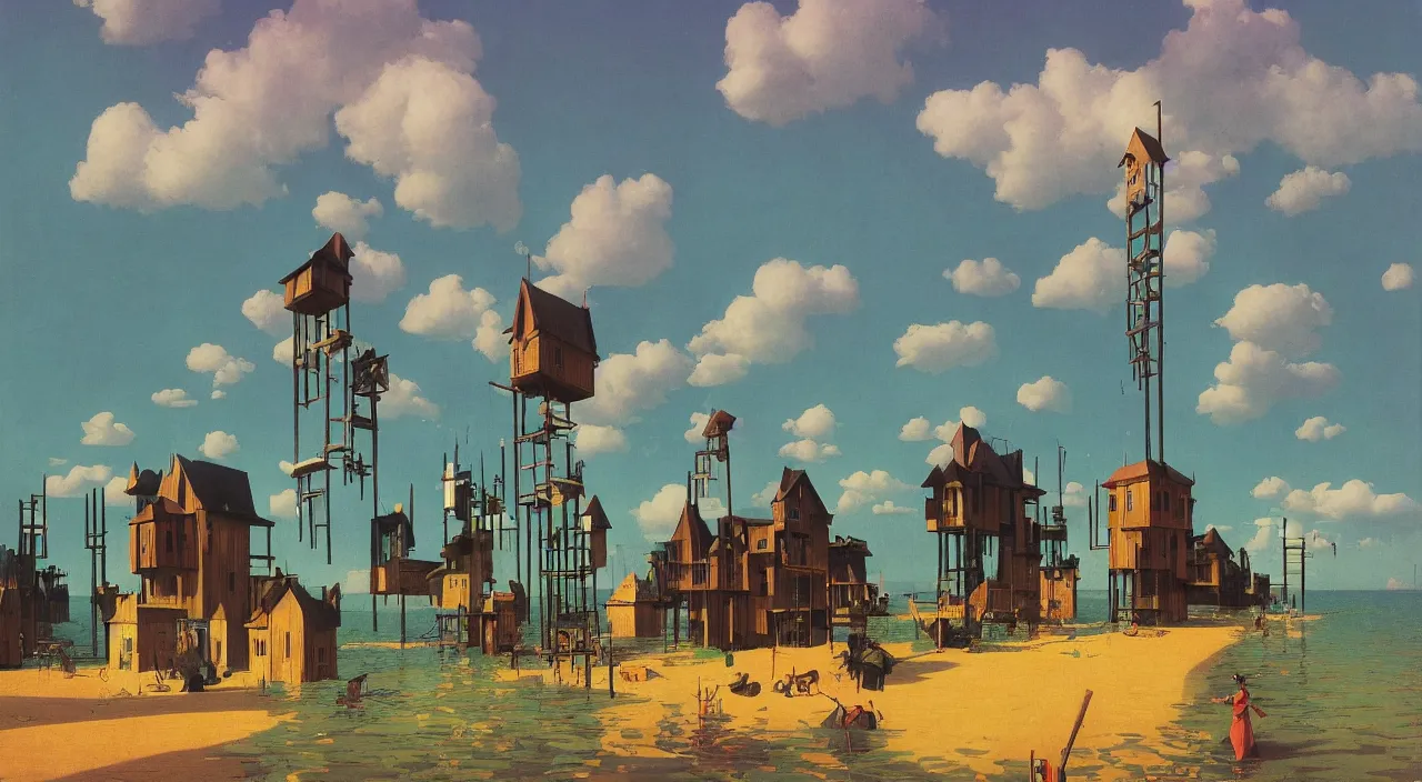 Prompt: single flooded simple wooden towers, very coherent and colorful high contrast!! masterpiece by rene magritte simon stalenhag carl spitzweg syd mead norman rockwell edward hopper james gilleard, minimalist, dark shadows, sunny day, hard lighting