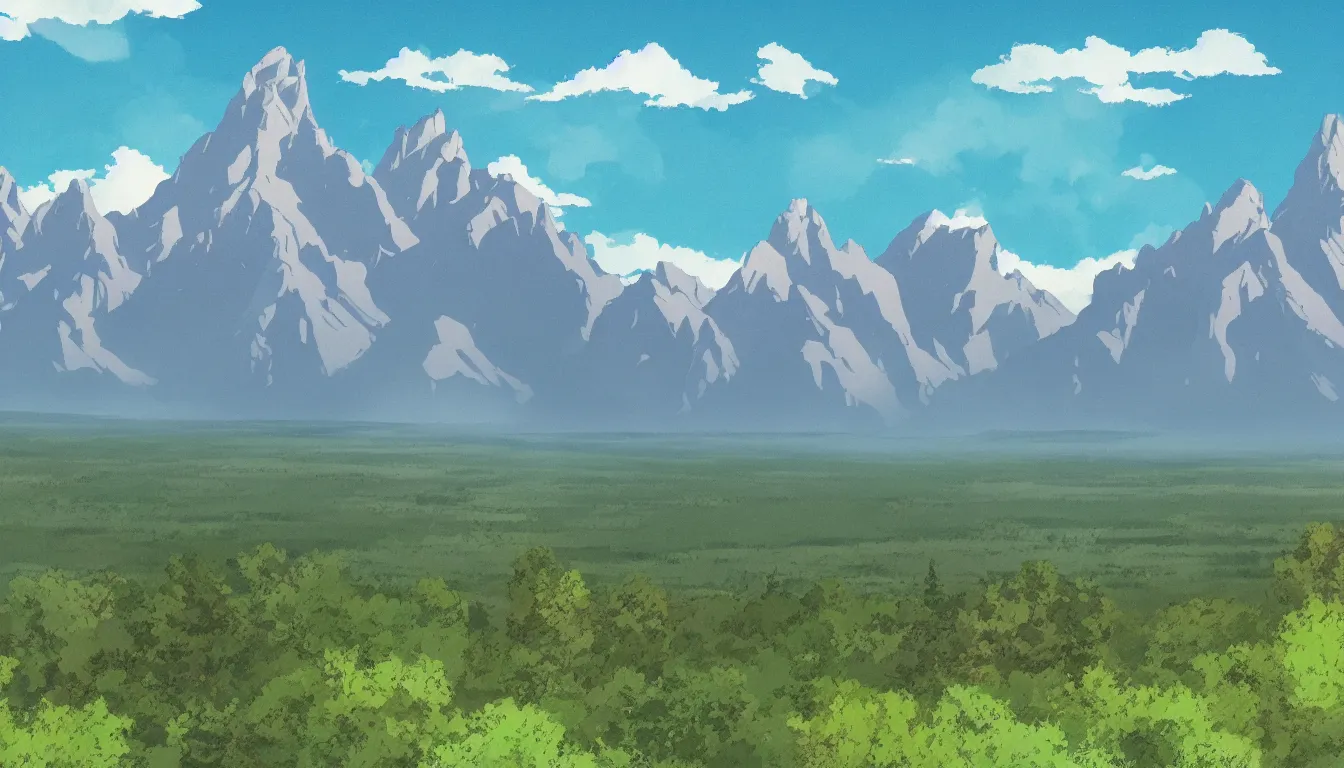 Image similar to view of the Grand Teton mountains in Studio Ghibli style, 4k