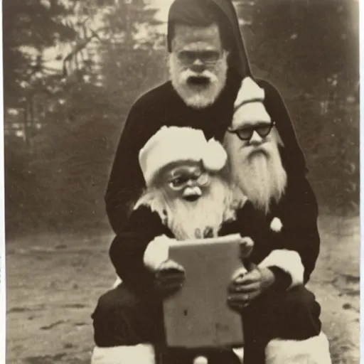 Image similar to santa claus with an evil looking demonic child on his lap, polaroid