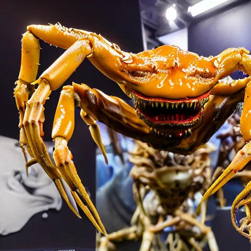 Prompt: photo taken of an epic intricate, ultra detailed, super realistic sculpture of a wet slimy nightmarish hellish demonic dead human head sprouting crab legs animatronic on display in a workshop, created by weta workshop, photorealistic, sharp focus, f 0. 4, face centred, macro photography, golden ratio, golden hour
