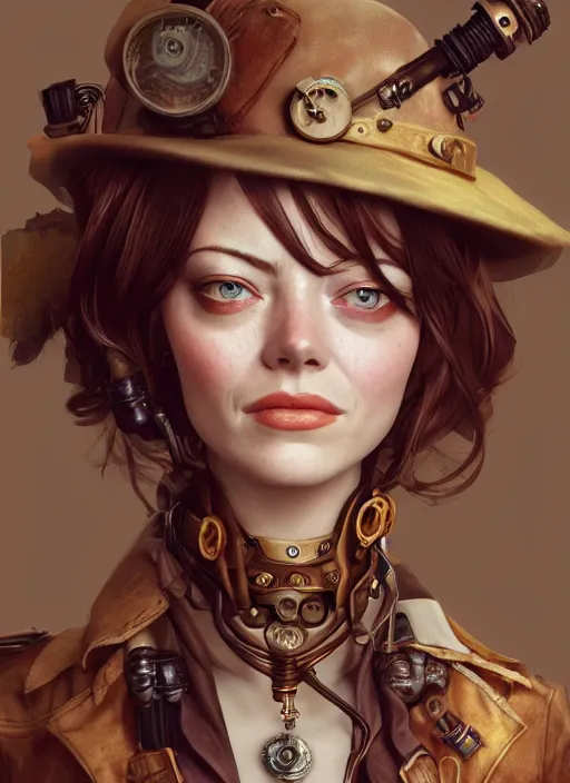 Image similar to steampunk portrait of Emma Stone, au naturel, hyper detailed, digital art, trending in artstation, cinematic lighting, studio quality, smooth render, unreal engine 5 rendered, octane rendered, art style by klimt and nixeu and ian sprigger and wlop and krenz cushart