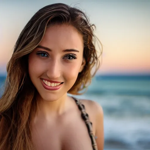 Prompt: a headshot of a 2 6 year old beautiful female, posing on a beach with the ocean, award winning seductive, smile, art, focus, blur, kavisky, ultra detail, light room, canon,