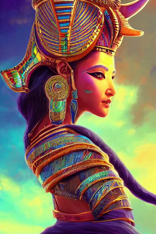 Image similar to egyptian cat goddess, vivid colors, high details, cinematic, 8k resolution, beautiful detailed, photorealistic, digital painting, artstation, concept art, smooth, sharp focus, illustration, fantasy background, artstation trending, octane render, unreal engine