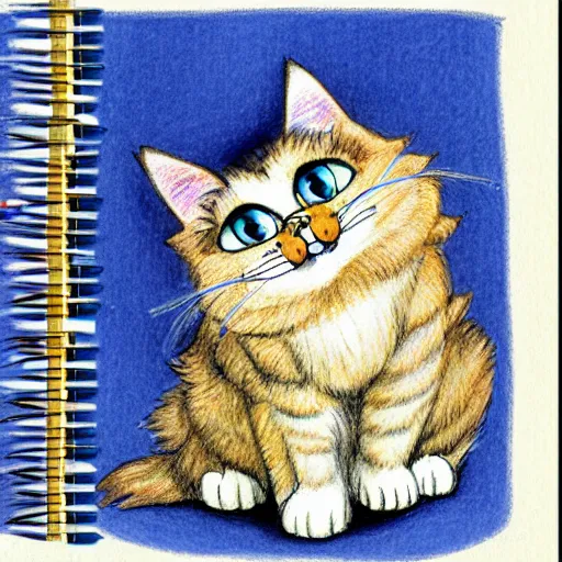 Image similar to extra fluffy humanoid Persian tabby cat standing on two feet, drawing by Don Bluth, colored pencil sketch with feathery lines, drawing by Yoshitaka Amano