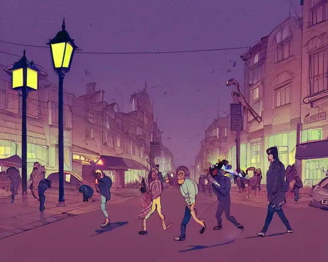 Image similar to a study of cell shaded cartoon of music band playing music street lamps, road, illustration, wide shot, subtle colors, post grunge, concept art by josan gonzales and wlop, by james jean, Victo ngai, David Rubín, Mike Mignola, Laurie Greasley, highly detailed, sharp focus, Trending on Artstation, HQ, deviantart, art by artgem