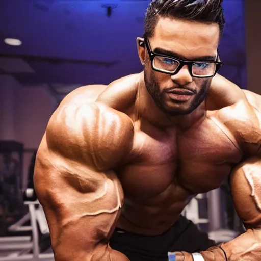 Prompt: a body builder wearing glasses in fortnite