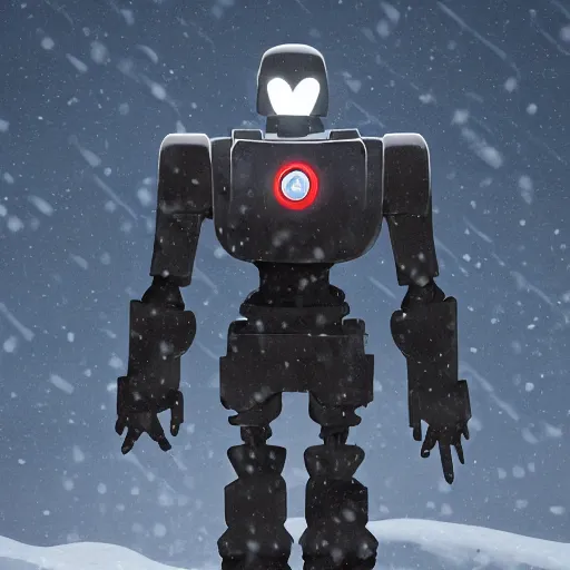 Image similar to the iron giant standing stoically in the snow after a battle with the U.S.millitary, full body image, highly detailed, deep aesthetic, 4k, highly ornate intricate details, rich colors, digital artwork, symmetrical, ray tracing,